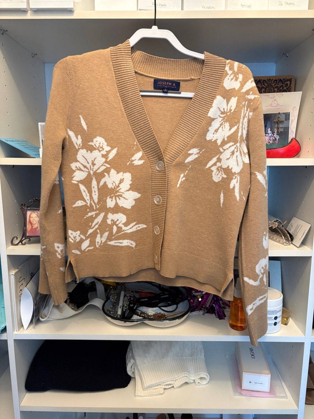 Joseph Camel and White Floral V-Neck Button Cardigan